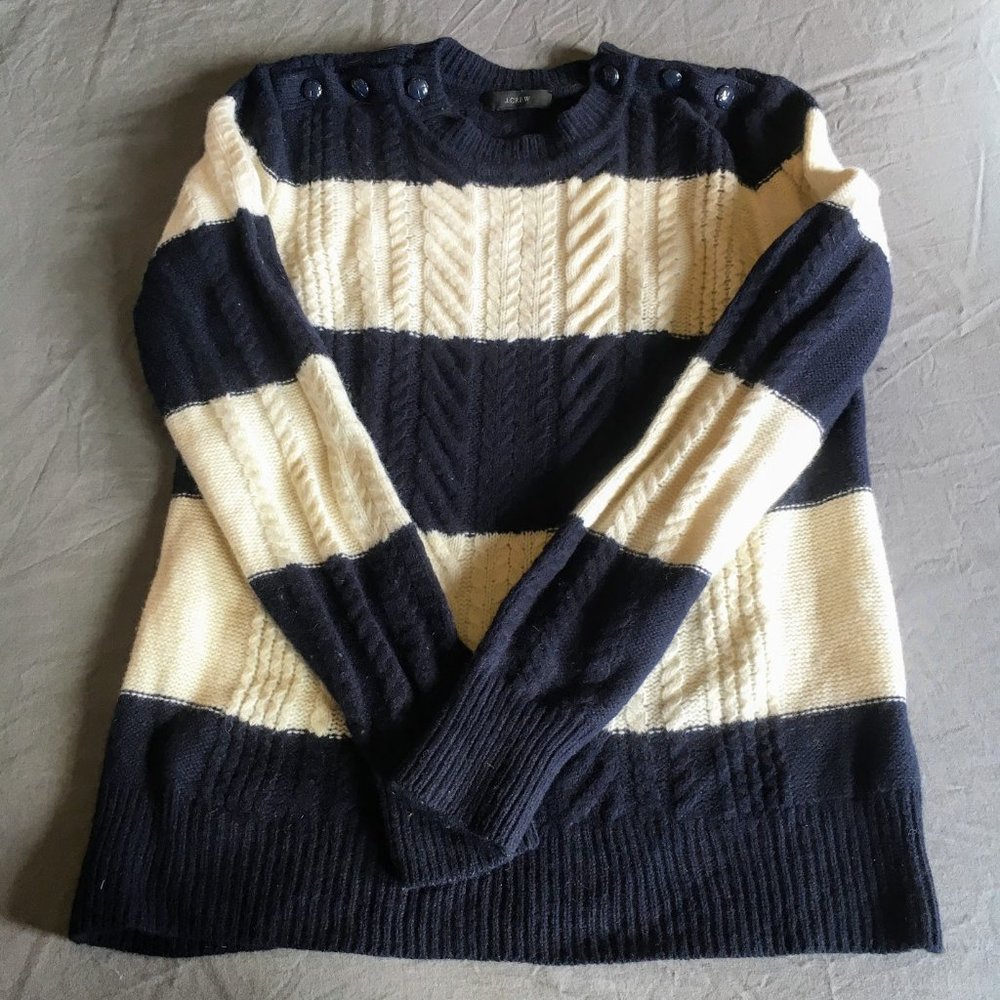 JCrew Navy Striped Wool Cable knit Sweater